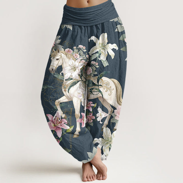 Pantaloni harem da donna con elastico in vita, modello romantico con cavallo, giglio e peonia, in puro cotone, motivo Buddha Stones - Blu ardesia scuro - US16, UK/AU20, EU48 (3XL) - image 5