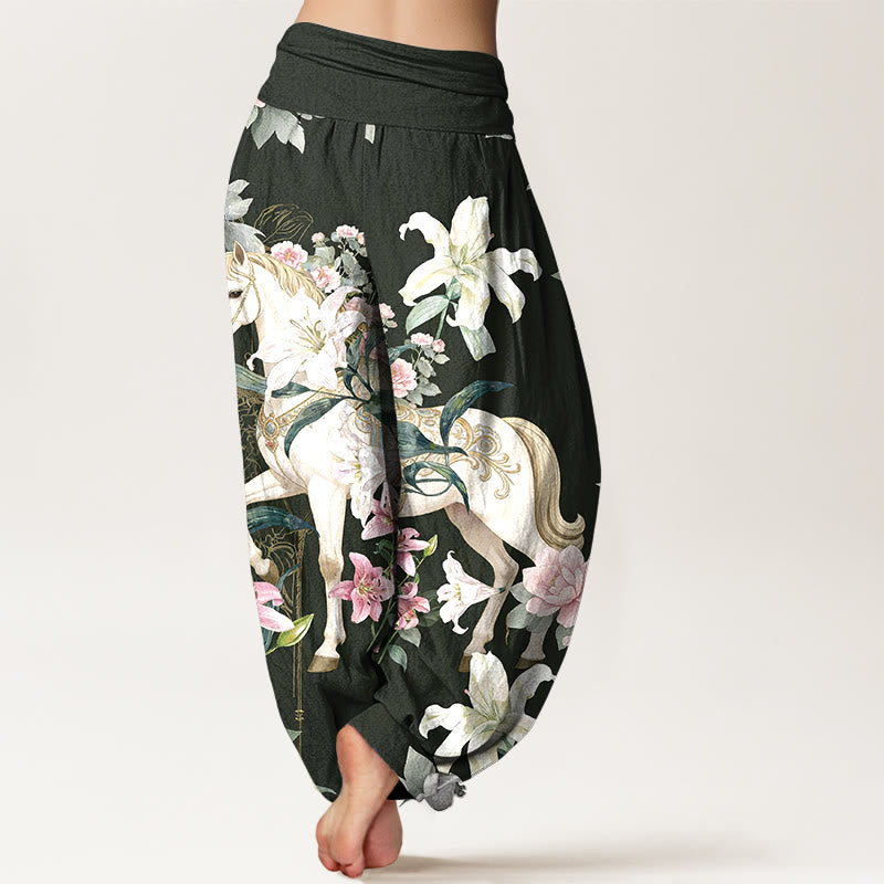 Pantaloni harem da donna con elastico in vita, modello romantico con cavallo, giglio e peonia, in puro cotone, motivo Buddha Stones - image 9