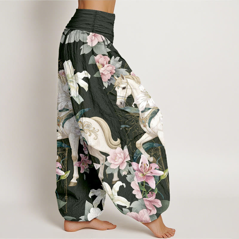 Pantaloni harem da donna con elastico in vita, modello romantico con cavallo, giglio e peonia, in puro cotone, motivo Buddha Stones - image 10