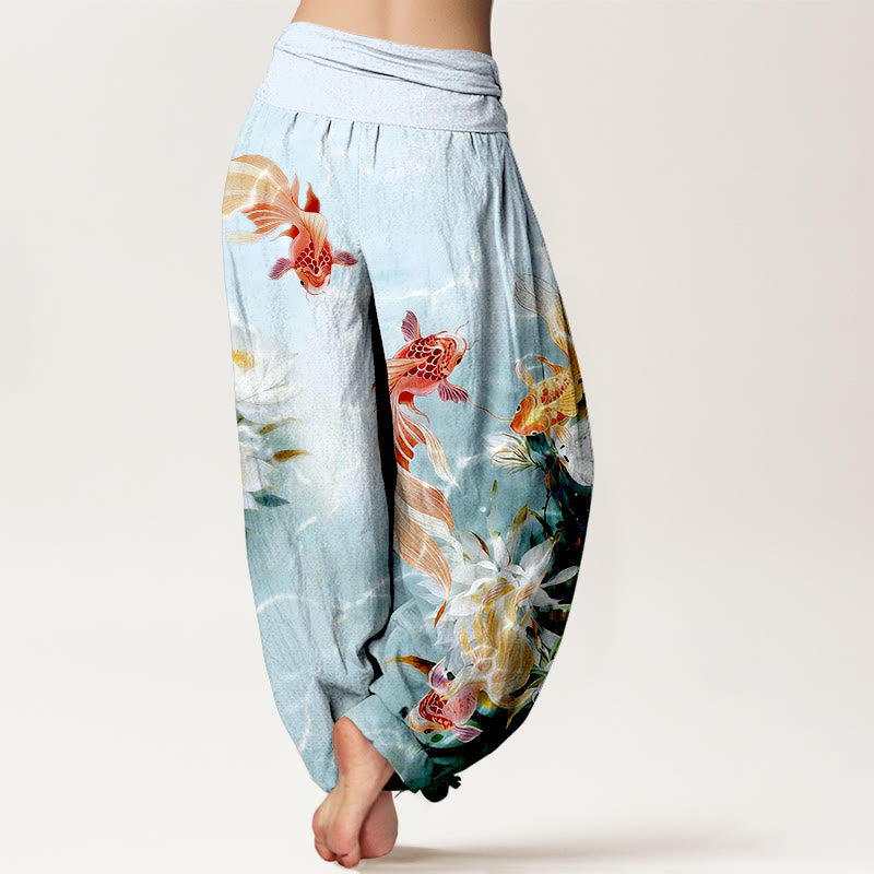 Pantaloni harem da donna con elastico in vita, in puro cotone chiaro, con motivo a fiori di loto e pesci koi, Buddha Stones - image 1