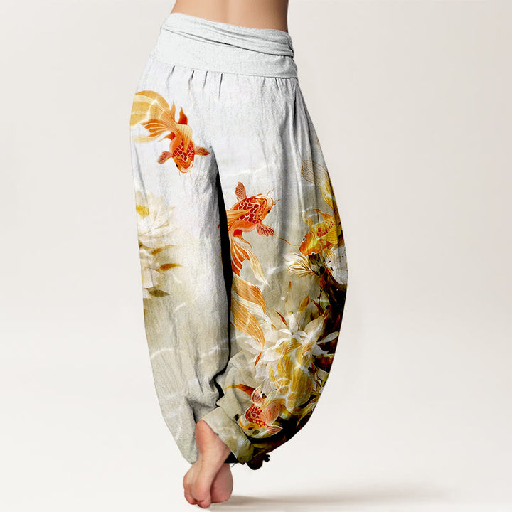 Pantaloni harem da donna con elastico in vita, in puro cotone chiaro, con motivo a fiori di loto e pesci koi, Buddha Stones - image 6