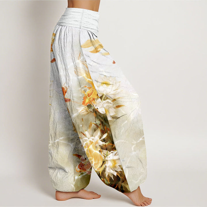 Pantaloni harem da donna con elastico in vita, in puro cotone chiaro, con motivo a fiori di loto e pesci koi, Buddha Stones - image 7