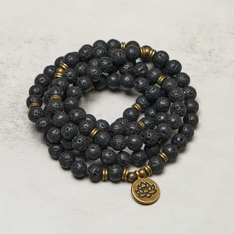 Buddha Stones, ciondolo con simbolo di loto retrò, perlina di roccia lavica, guarigione, nuovo inizio, mala - image 1
