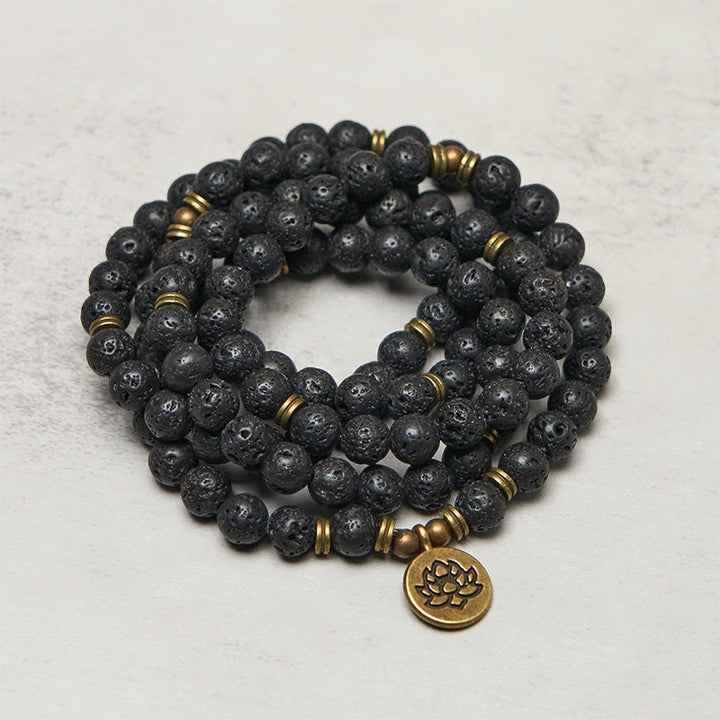 Buddha Stones, ciondolo con simbolo di loto retrò, perlina di roccia lavica, guarigione, nuovo inizio, mala - image 1