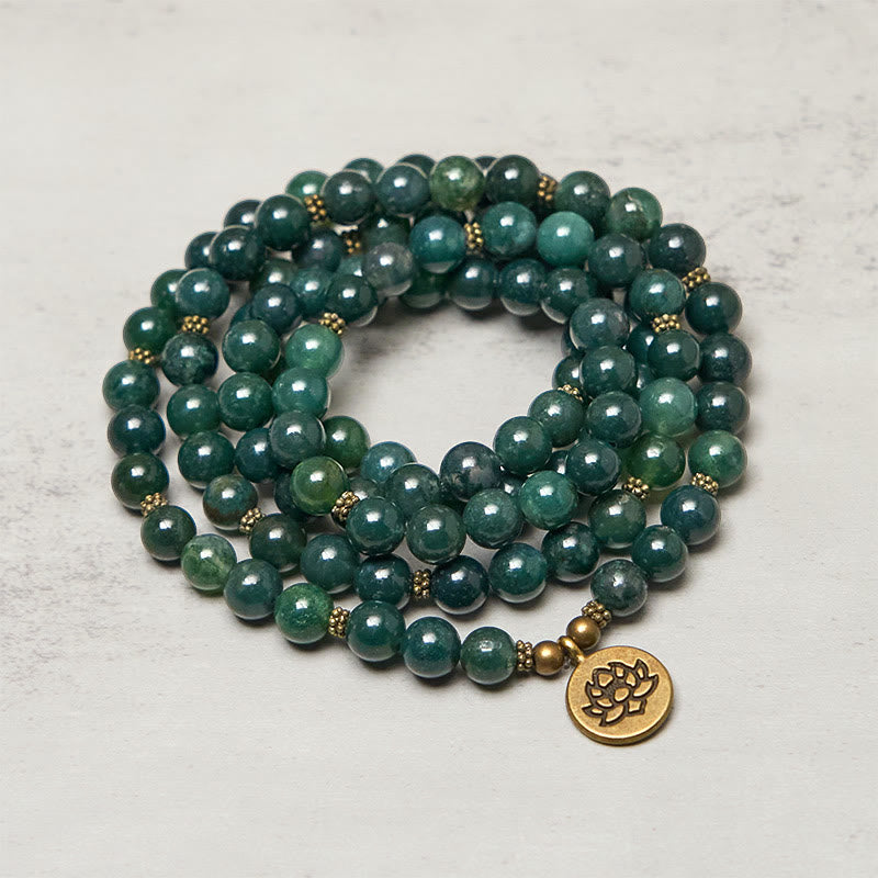 Ciondolo con perlina rotonda in agata muschiata, simbolo del loto , Buddha Stones, guarigione Mala - image 1
