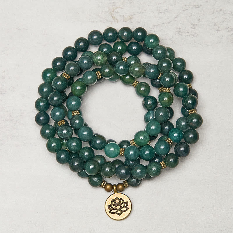 Ciondolo con perlina rotonda in agata muschiata, simbolo del loto , Buddha Stones, guarigione Mala - Agata muschiata - 8 millimetri - image 0