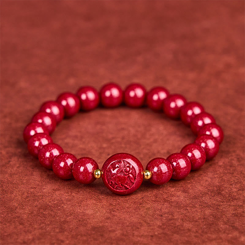 Braccialetto di benedizione pacifica in cinabro intagliato con Buddha Stones, zodiaco cinese, anno del cavallo - Cavallo da 8 mm - image 0