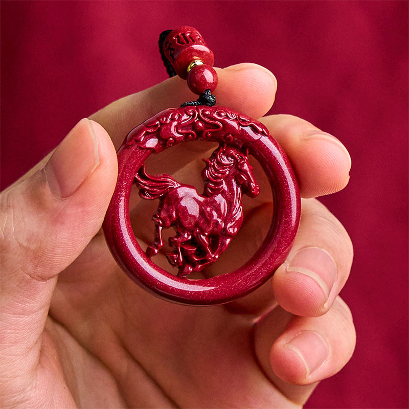 Collana con ciondolo in cinabro naturale, Buddha Stones, anno del cavallo, fibbia della pace - image 2