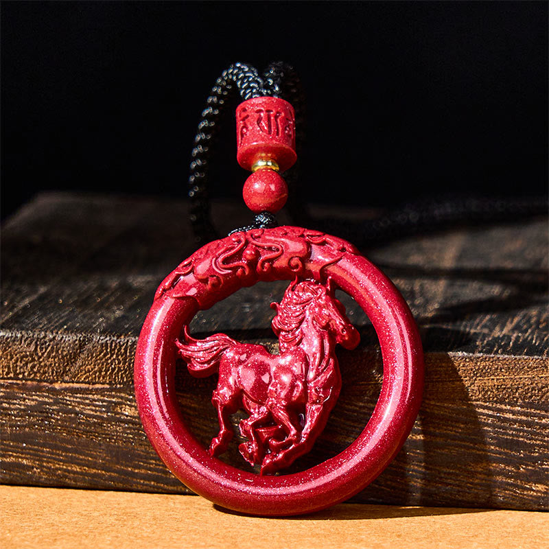 Collana con ciondolo in cinabro naturale, Buddha Stones, anno del cavallo, fibbia della pace - image 1