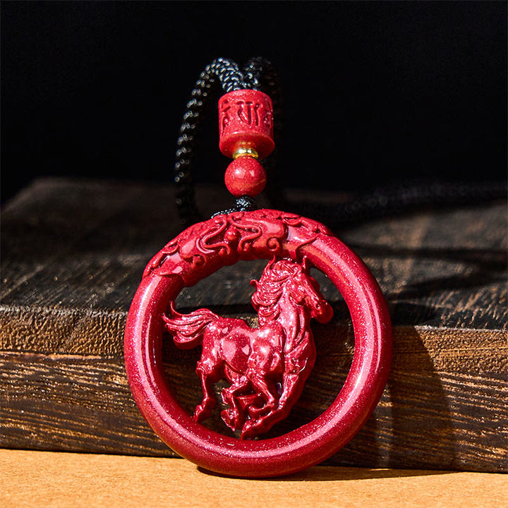 Collana con ciondolo in cinabro naturale, Buddha Stones, anno del cavallo, fibbia della pace - image 1
