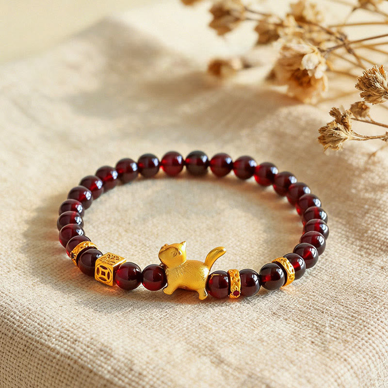 Braccialetto di perline con ciondolo a forma di gatto fortunato, granato e cinabro, protezione e calma , Buddha Stones - image 0