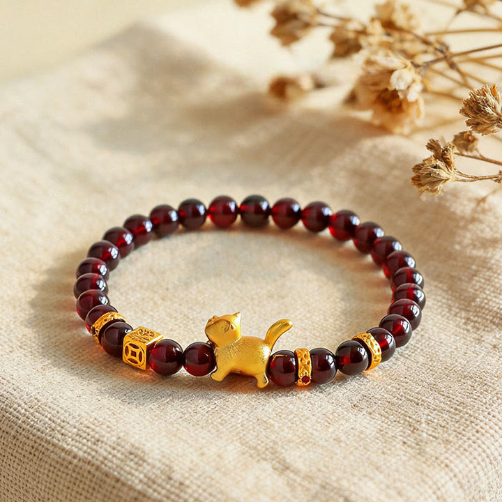 Braccialetto di perline con ciondolo a forma di gatto fortunato, granato e cinabro, protezione e calma , Buddha Stones - image 0