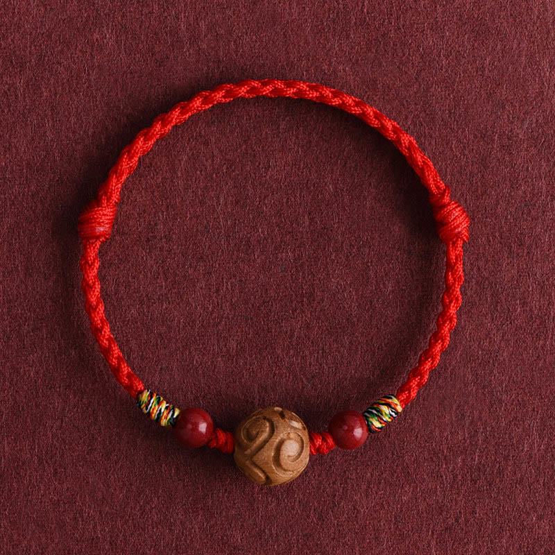 Braccialetto portafortuna in corda di legno di pesco naturale con motivo di buon auspicio intagliato Buddha Stones - Corda rossa (circonferenza del polso: 13-18 cm) - image 1