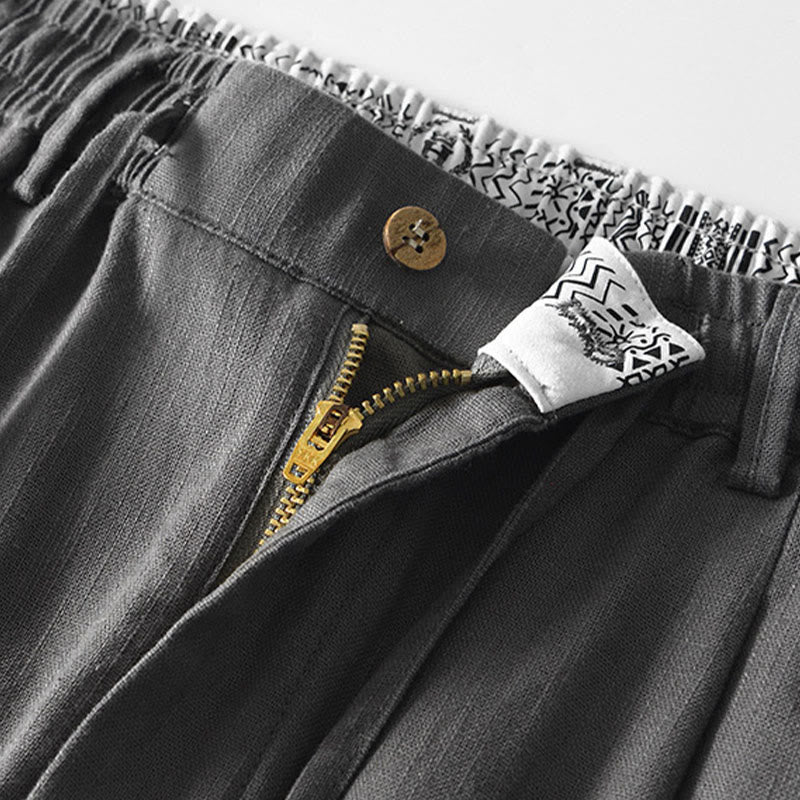 Pantaloni larghi da uomo in lino con coulisse e cerniera, modello Buddha Stones Fall Solid, con tasche - image 4