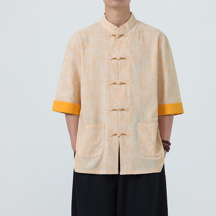 Camicia da uomo a maniche corte in cotone e lino con bottoni cinesi e motivo a fiori di pesco estivo Buddha Stones - Biscotto - US/UK/AU46, EU56 (5XL) - image 9