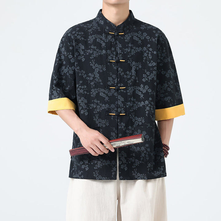 Camicia da uomo a maniche corte in cotone e lino con bottoni cinesi e motivo a fiori di pesco estivo Buddha Stones - Nero - US/UK/AU46, EU56 (5XL) - image 0