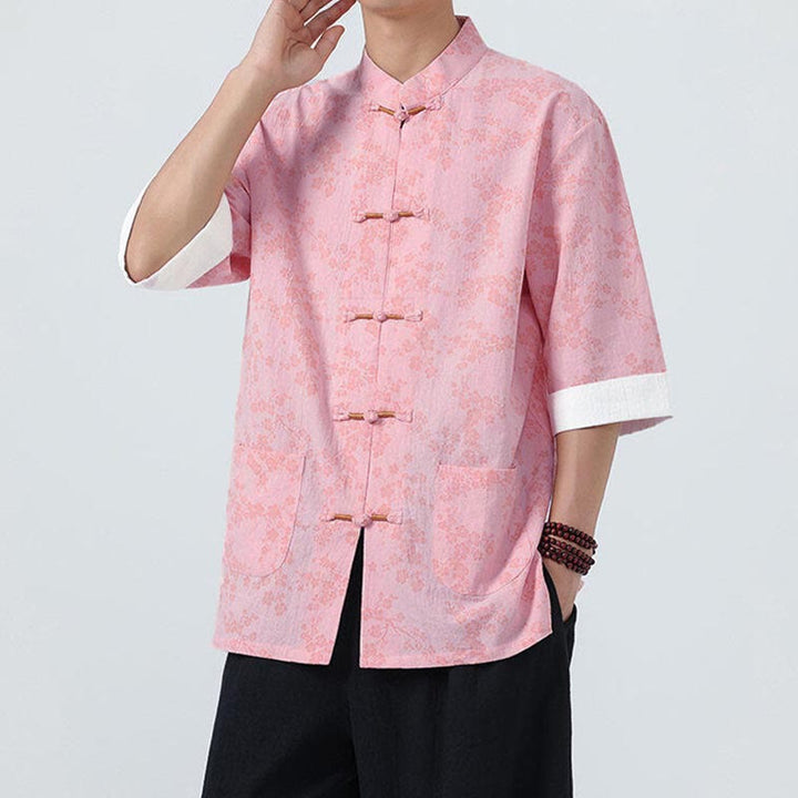 Camicia da uomo a maniche corte in cotone e lino con bottoni cinesi e motivo a fiori di pesco estivo Buddha Stones - image 14