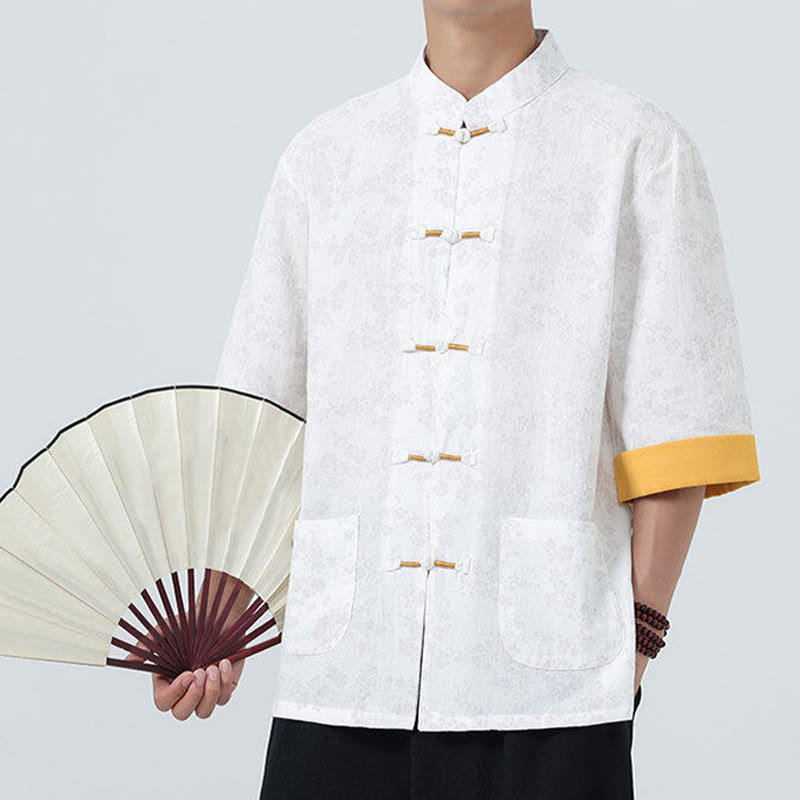 Camicia da uomo a maniche corte in cotone e lino con bottoni cinesi e motivo a fiori di pesco estivo Buddha Stones - image 17