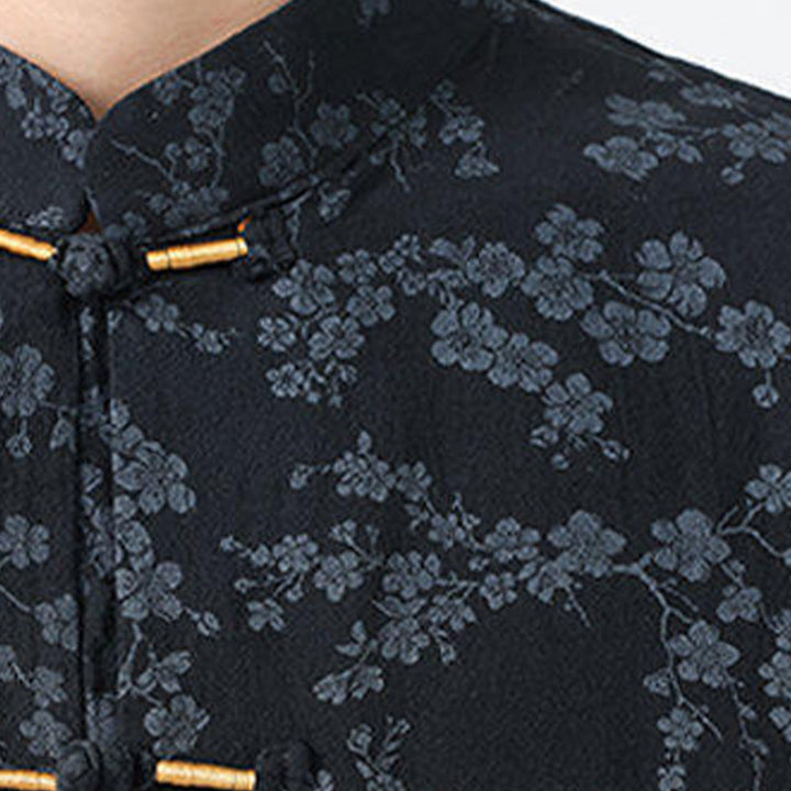 Camicia da uomo a maniche corte in cotone e lino con bottoni cinesi e motivo a fiori di pesco estivo Buddha Stones - image 5