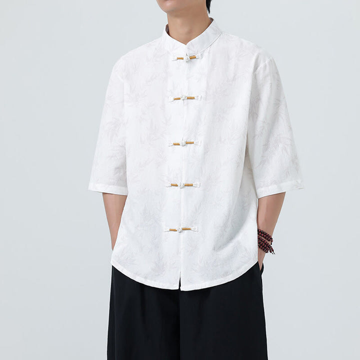 Camicia da uomo a maniche corte in cotone e lino con bottoni cinesi, motivo a foglie di bambù Buddha Stones - Bianco - US/UK/AU46, EU56 (5XL) - image 15
