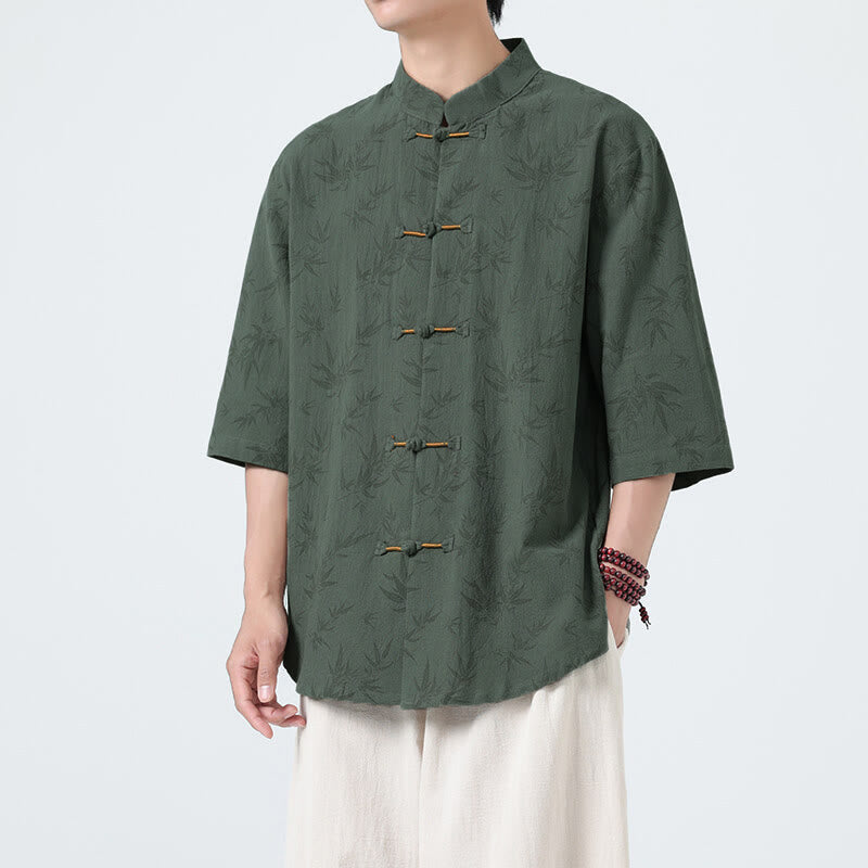 Camicia da uomo a maniche corte in cotone e lino con bottoni cinesi, motivo a foglie di bambù Buddha Stones - Verde mare - US/UK/AU46, EU56 (5XL) - image 7