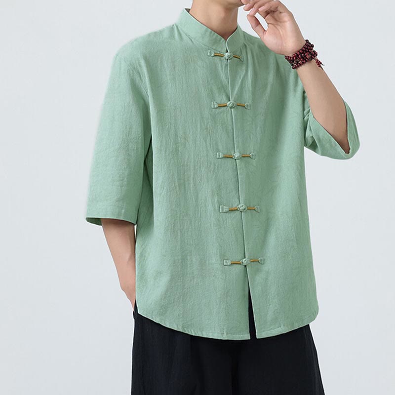 Camicia da uomo a maniche corte in cotone e lino con bottoni cinesi, motivo a foglie di bambù Buddha Stones - image 13