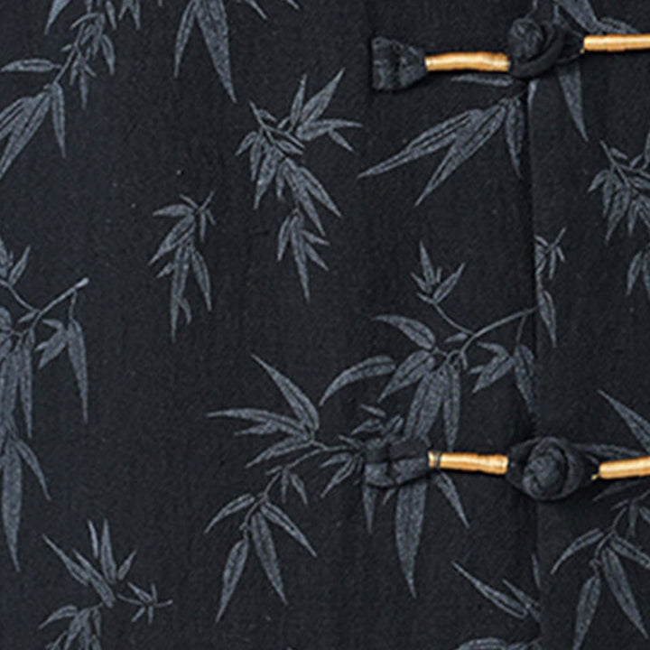 Camicia da uomo a maniche corte in cotone e lino con bottoni cinesi, motivo a foglie di bambù Buddha Stones - image 3