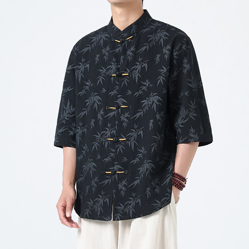 Camicia da uomo a maniche corte in cotone e lino con bottoni cinesi, motivo a foglie di bambù Buddha Stones - image 2