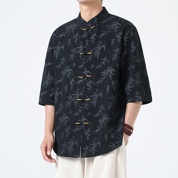 Camicia da uomo a maniche corte in cotone e lino con bottoni cinesi, motivo a foglie di bambù Buddha Stones - image 2