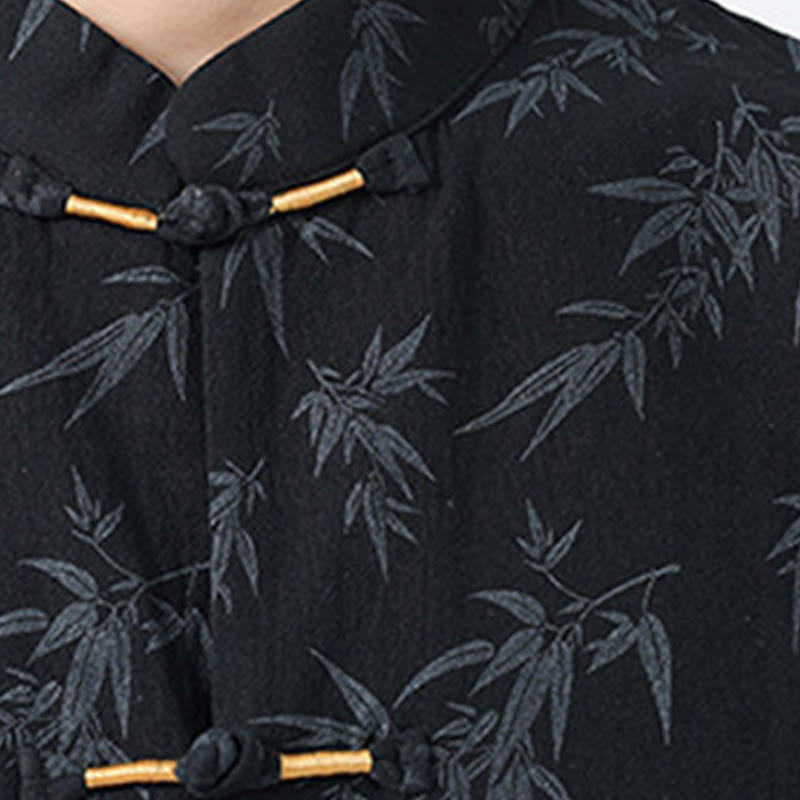 Camicia da uomo a maniche corte in cotone e lino con bottoni cinesi, motivo a foglie di bambù Buddha Stones - image 5