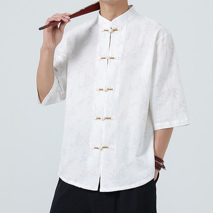 Camicia da uomo a maniche corte in cotone e lino con bottoni cinesi, motivo a foglie di bambù Buddha Stones - image 17