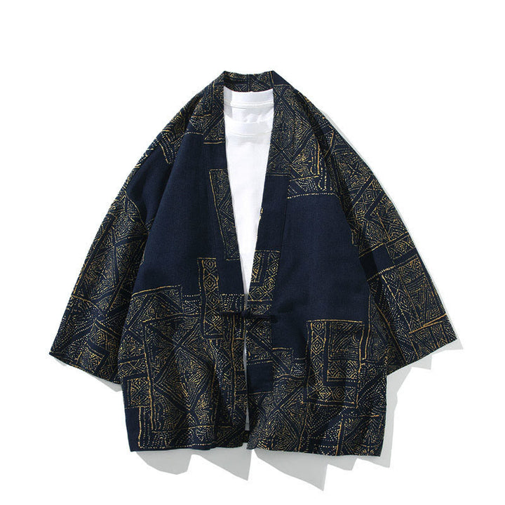 Kimono da uomo con motivo Buddha Stones, geometria, righe floreali, inchiostro di farfalla, apertura frontale e maniche corte. Kimono - Skilight - US/UK/AU46, EU56 (5XL) - image 0
