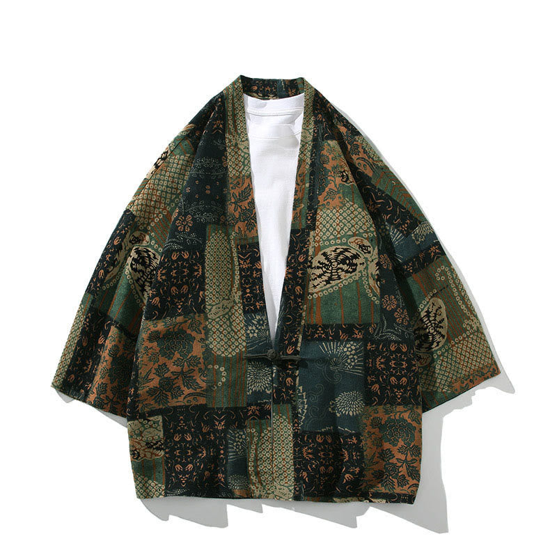 Kimono da uomo con motivo Buddha Stones, geometria, righe floreali, inchiostro di farfalla, apertura frontale e maniche corte. Kimono - Verde floreale - US/UK/AU46, EU56 (5XL) - image 11