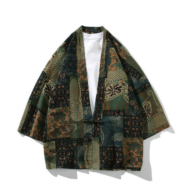 Kimono da uomo con motivo Buddha Stones, geometria, righe floreali, inchiostro di farfalla, apertura frontale e maniche corte. Kimono - Verde floreale - US/UK/AU46, EU56 (5XL) - image 11