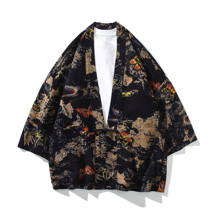 Kimono da uomo con motivo Buddha Stones, geometria, righe floreali, inchiostro di farfalla, apertura frontale e maniche corte. Kimono - Farfalla nera - US/UK/AU46, EU56 (5XL) - image 13