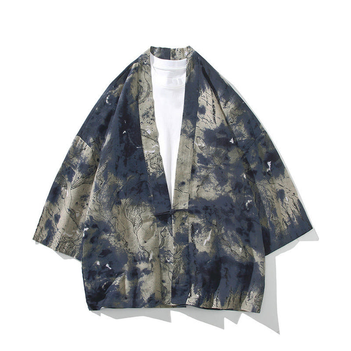 Kimono da uomo con motivo Buddha Stones, geometria, righe floreali, inchiostro di farfalla, apertura frontale e maniche corte. Kimono - Blu inchiostro beige - US/UK/AU46, EU56 (5XL) - image 14