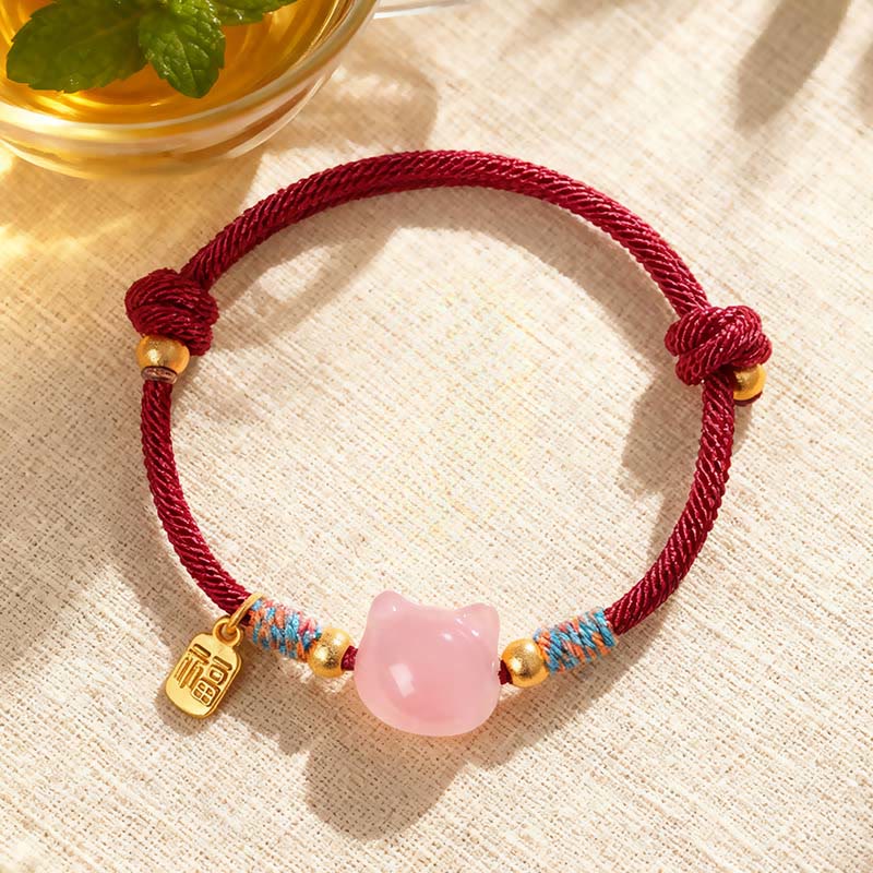 Buddha Stones Braccialetto di protezione con cordino di cristallo rosa ossidiana e carattere Cat Fu - Cordino rosso con cristalli rosa (circonferenza del polso: 15-18 cm) - image 7
