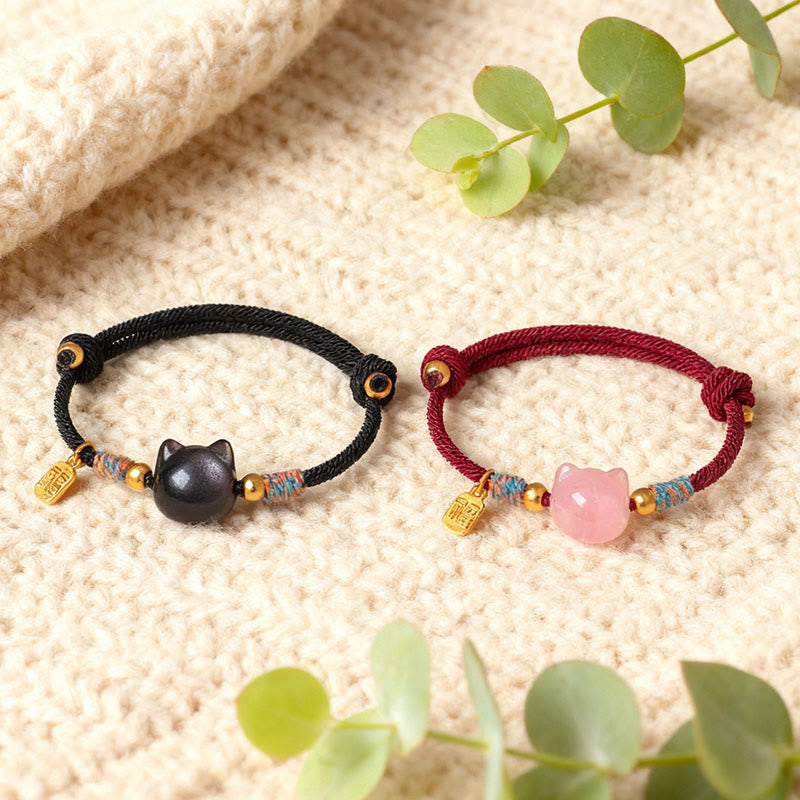 Buddha Stones Braccialetto di protezione con cordino di cristallo rosa ossidiana e carattere Cat Fu - image 16