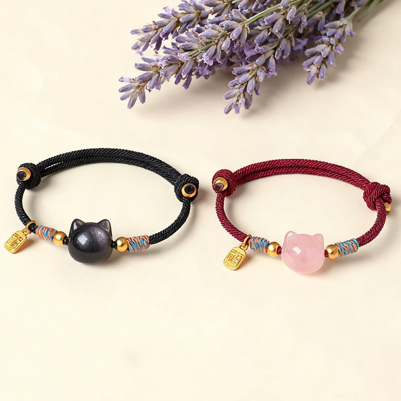 Buddha Stones Braccialetto di protezione con cordino di cristallo rosa ossidiana e carattere Cat Fu - image 17
