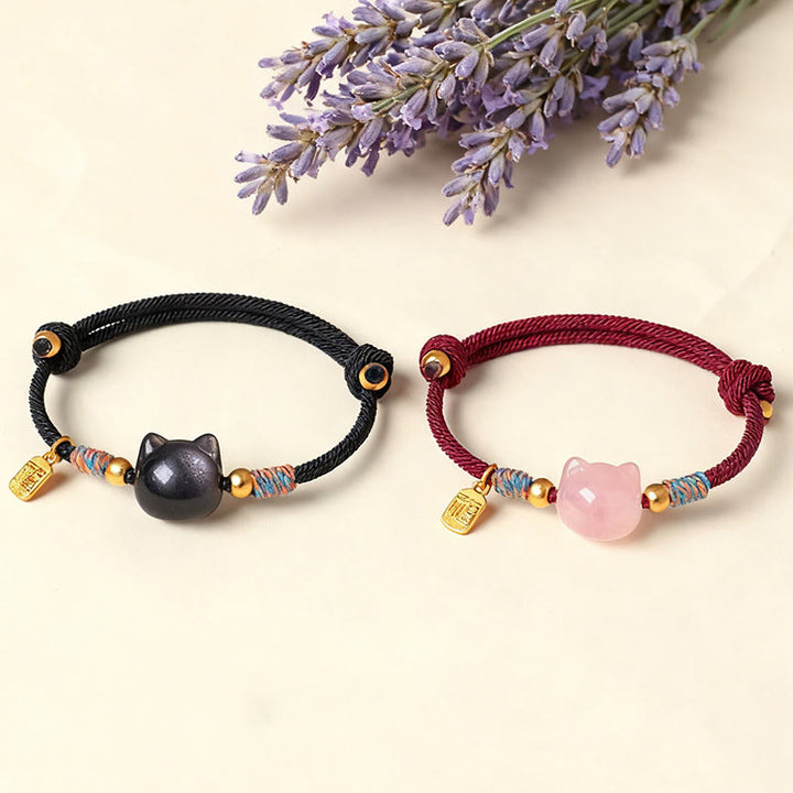 Buddha Stones Braccialetto di protezione con cordino di cristallo rosa ossidiana e carattere Cat Fu - image 17