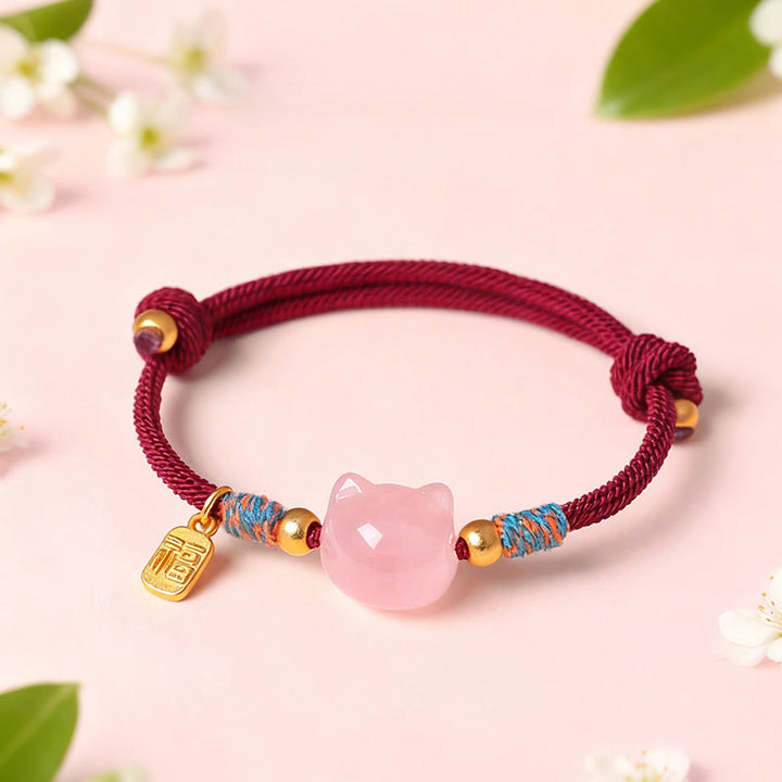 Buddha Stones Braccialetto di protezione con cordino di cristallo rosa ossidiana e carattere Cat Fu - image 8