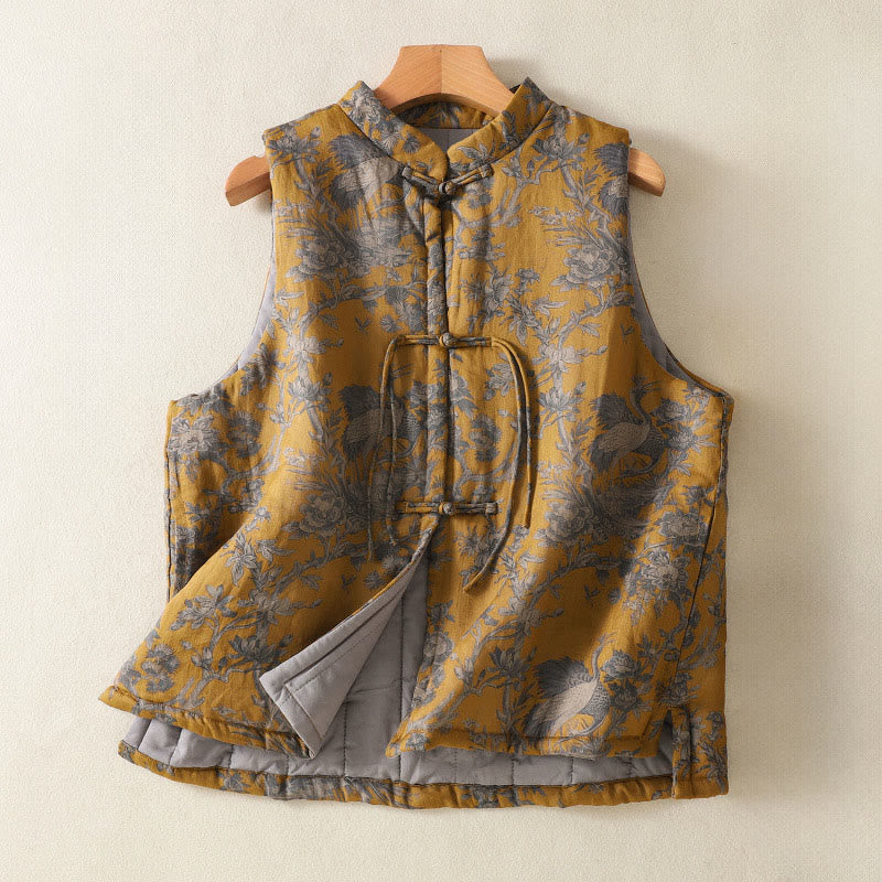 Buddha Stones Gilet senza maniche da donna in cotone con motivo a bottoni e rami di gru e fiori - Verga d'oro - US8-10, UK/AU12-14, EU40-42 (2XL) - image 0