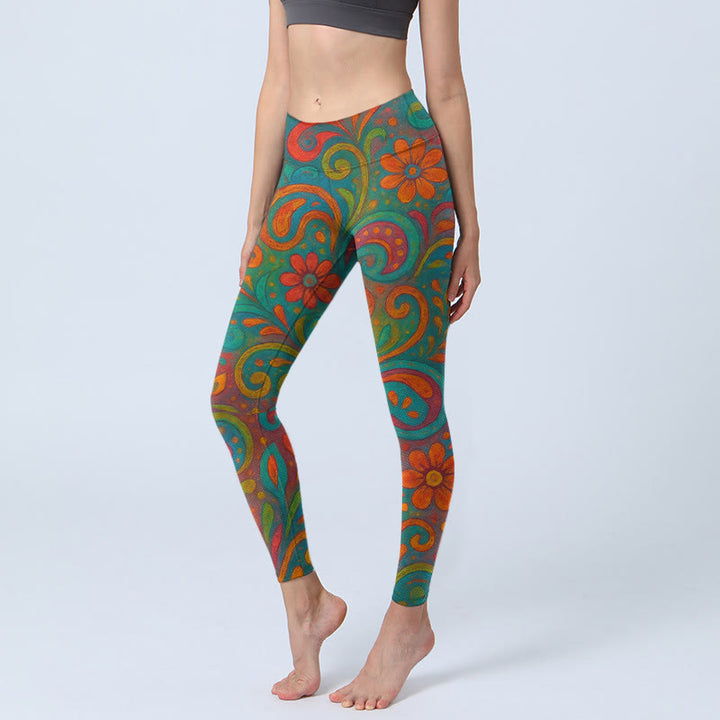Buddha Stones Leggings da palestra con stampa paisley e fiori vorticosi e vivaci, pantaloni da yoga da donna - Acquamarina media - US18, UK/AU22, EU50 (4XL) - image 0