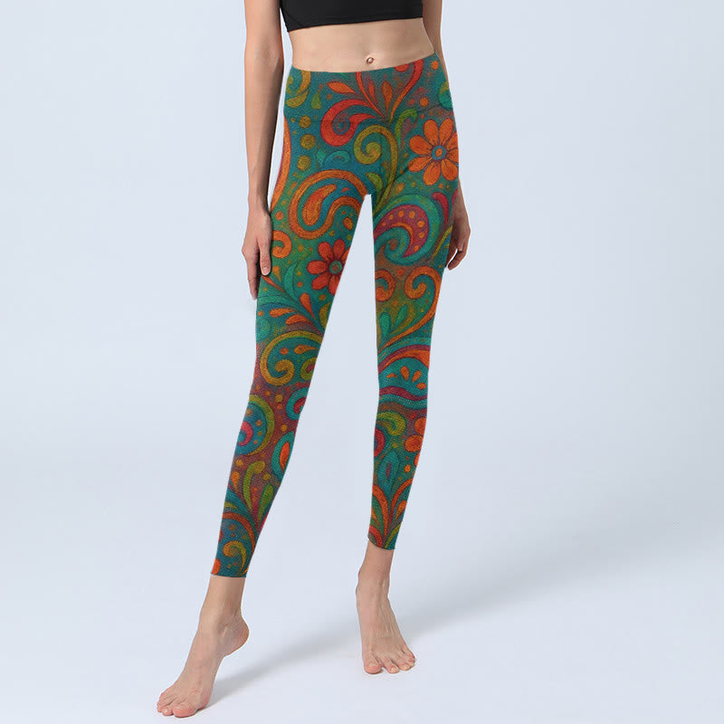 Buddha Stones Leggings da palestra con stampa paisley e fiori vorticosi e vivaci, pantaloni da yoga da donna - image 5
