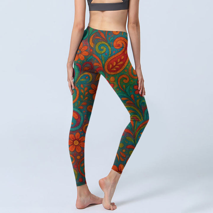 Buddha Stones Leggings da palestra con stampa paisley e fiori vorticosi e vivaci, pantaloni da yoga da donna - image 4
