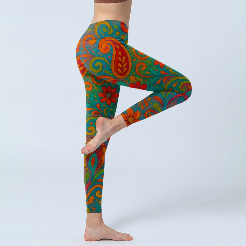 Buddha Stones Leggings da palestra con stampa paisley e fiori vorticosi e vivaci, pantaloni da yoga da donna - image 3