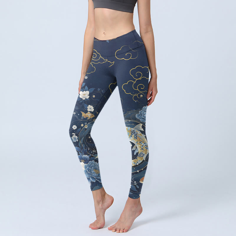 Buddha Stones Leggings da palestra con stampa di pesci koi e fiori di peonia blu e bianchi, pantaloni da yoga da donna - SteelBlue - US18, UK/AU22, EU50 (4XL) - image 0