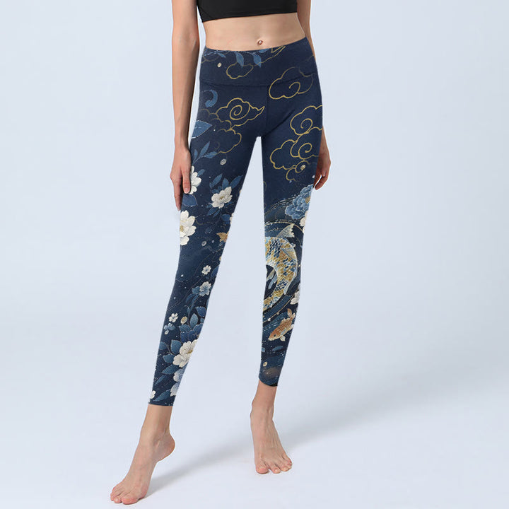 Buddha Stones Leggings da palestra con stampa di pesci koi e fiori di peonia blu e bianchi, pantaloni da yoga da donna - image 5