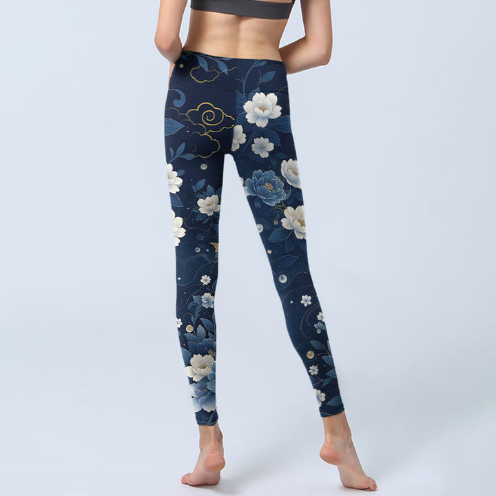 Buddha Stones Leggings da palestra con stampa di pesci koi e fiori di peonia blu e bianchi, pantaloni da yoga da donna - image 6