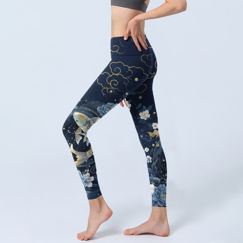 Buddha Stones Leggings da palestra con stampa di pesci koi e fiori di peonia blu e bianchi, pantaloni da yoga da donna - image 2
